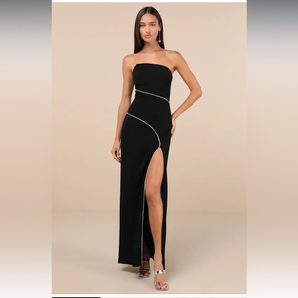 Elevated Sparkle Black Rhinestone Strapless Maxi Dress